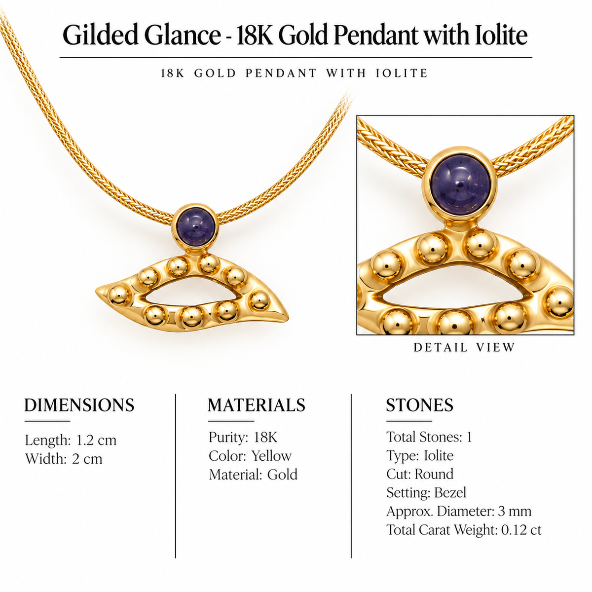 Gilded Glance - 18K Gold Pendant with Iolite by Bed of Stones Jewelry, close-up of iolite bezel setting with product dimensions and stone details diagram