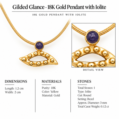 Gilded Glance - 18K Gold Pendant with Iolite by Bed of Stones Jewelry, close-up of iolite bezel setting with product dimensions and stone details diagram