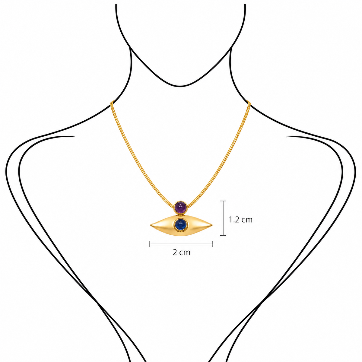 Mystic Eye - 18K Gold Pendant with Amethyst & Agate by Bed of Stones Jewelry, illustration showing pendant placement