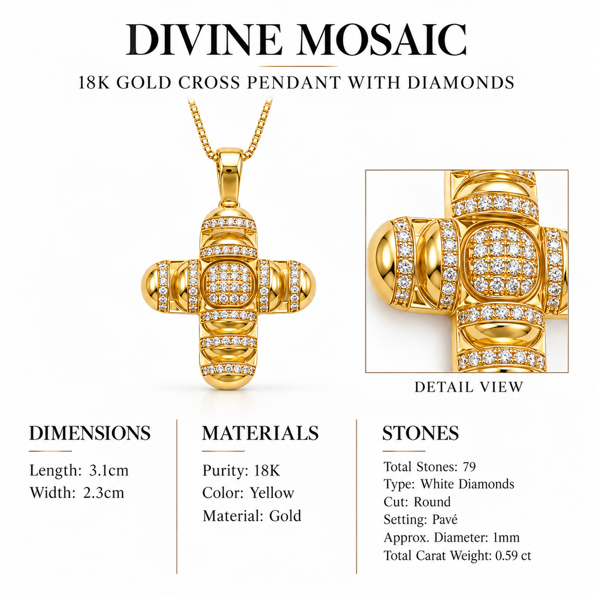 Divine Mosaic - 18K Gold Cross Pendant with Diamonds by Bed of Stones Jewelry, close-up of white diamond pavé setting with product dimensions and stone details diagram