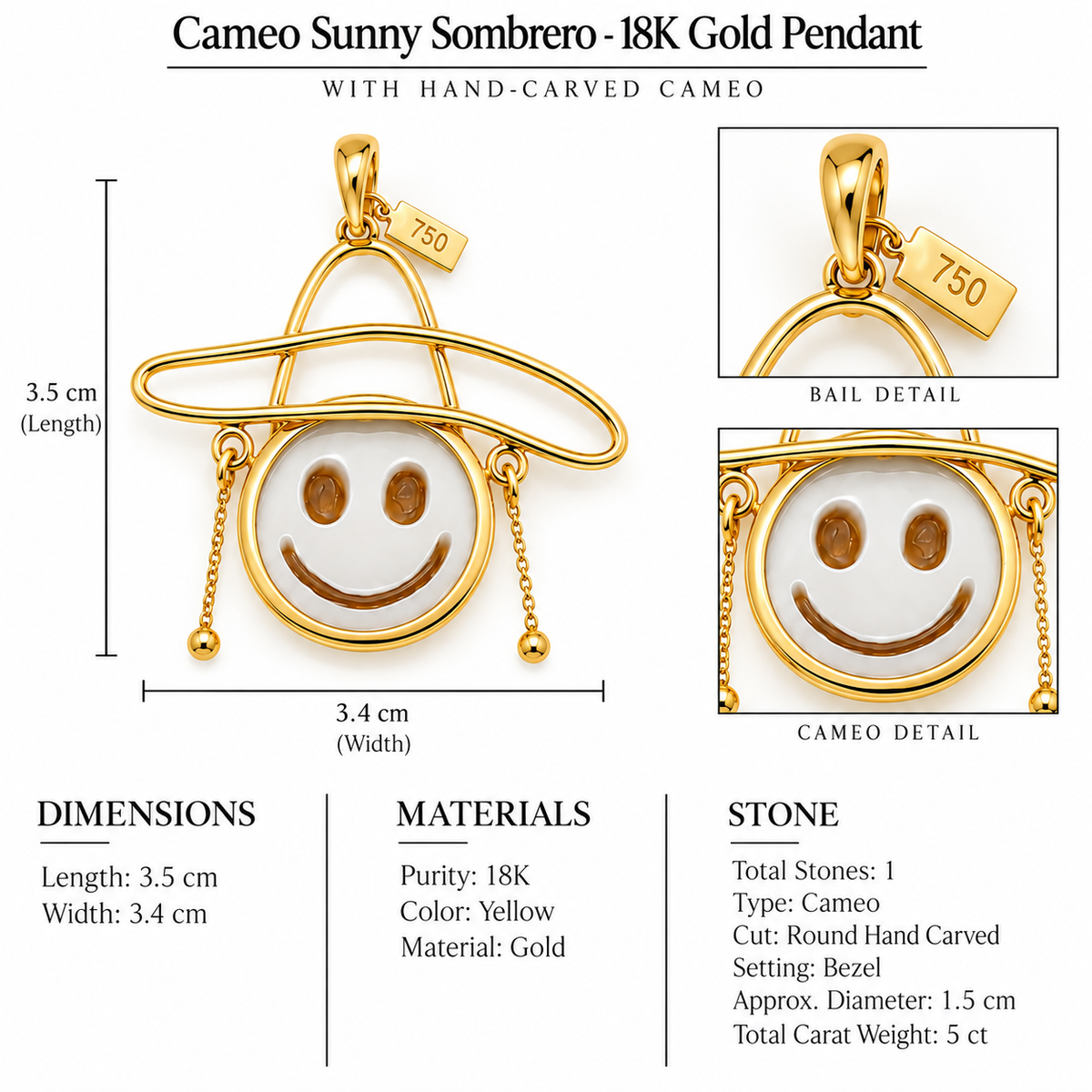 Cameo Sunny Sombrero - 18K Gold Pendant with Hand-Carved Cameo by Bed of Stones Jewelry, close-up of hand-carved cameo bezel setting with product dimensions and stone details diagram