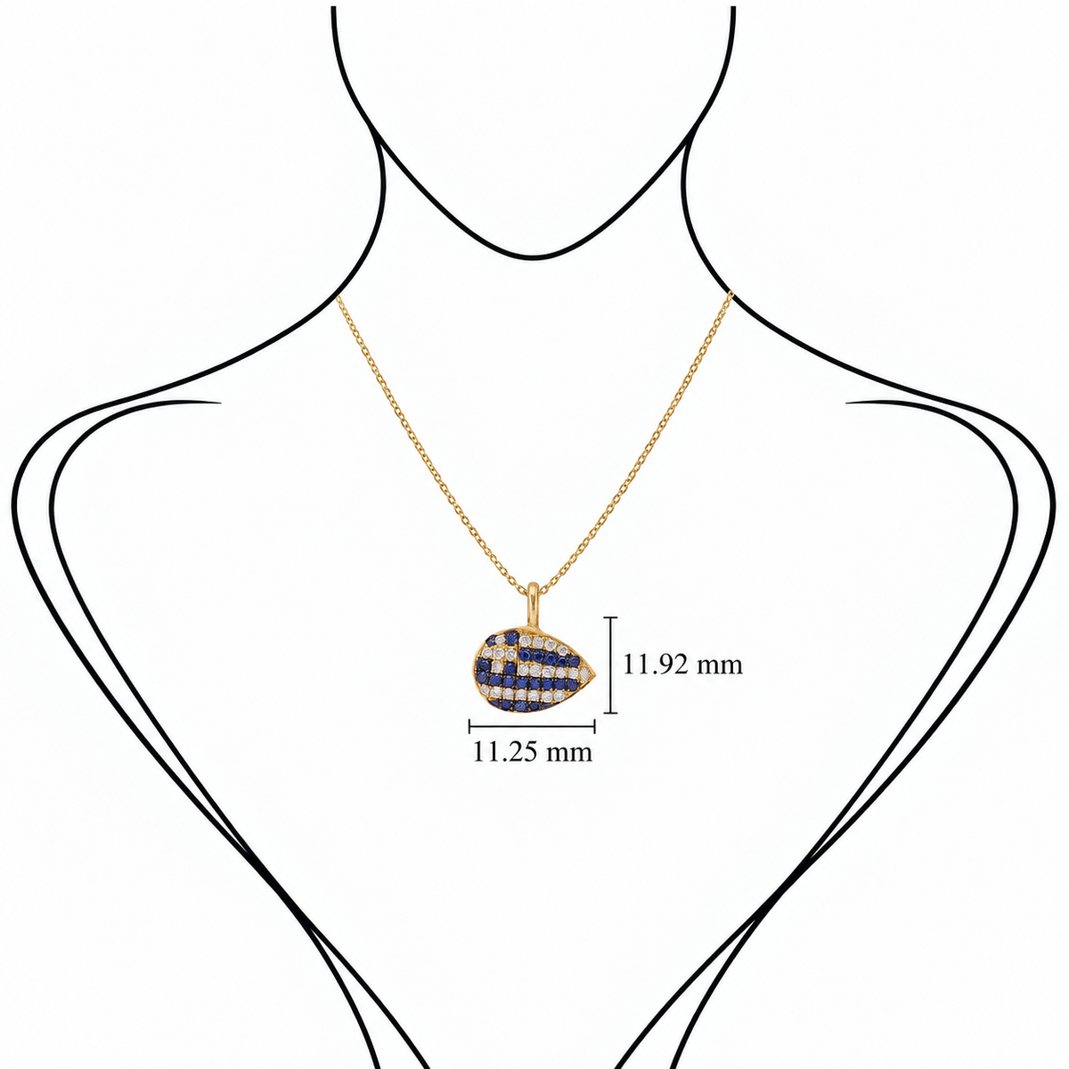 Aegean Drop - 18K Gold Greek Flag Pendant with Blue Sapphires & Diamonds by Bed of Stones Jewelry, illustration showing pendant placement