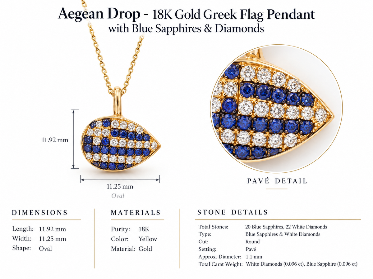 Aegean Drop - 18K Gold Greek Flag Pendant with Blue Sapphires & Diamonds by Bed of Stones Jewelry, close-up of blue sapphire and white diamond pavé setting with product dimensions and stone details diagram