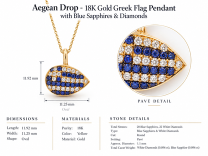 Aegean Drop - 18K Gold Greek Flag Pendant with Blue Sapphires & Diamonds by Bed of Stones Jewelry, close-up of blue sapphire and white diamond pavé setting with product dimensions and stone details diagram