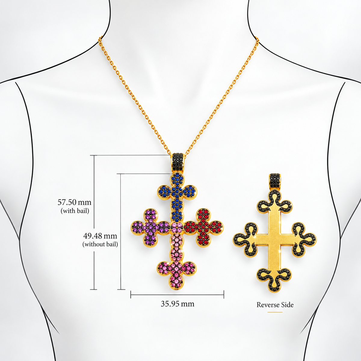Twinned Radiance – Reversible 18K Gold Gemstone Cross by Bed of Stones Jewelry, illustration showing pendant placement