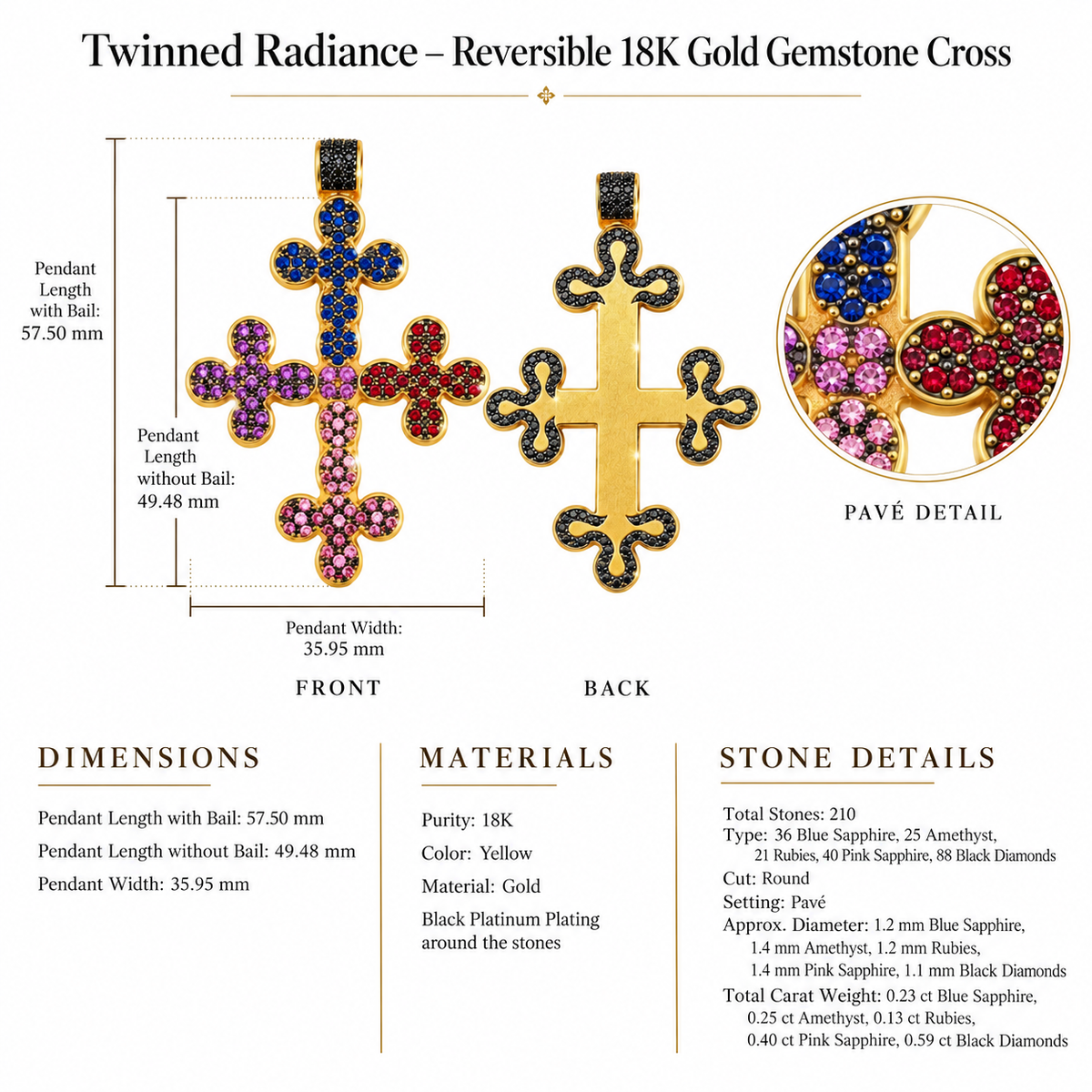Twinned Radiance – Reversible 18K Gold Gemstone Cross by Bed of Stones Jewelry, close-up of blue sapphire, amethyst, ruby, pink sapphire and black diamond pavé setting with product dimensions and stone details diagram
