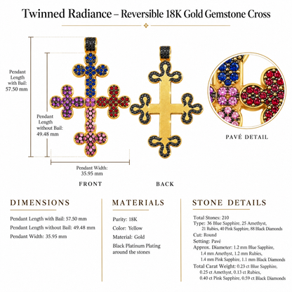 Twinned Radiance – Reversible 18K Gold Gemstone Cross by Bed of Stones Jewelry, close-up of blue sapphire, amethyst, ruby, pink sapphire and black diamond pavé setting with product dimensions and stone details diagram