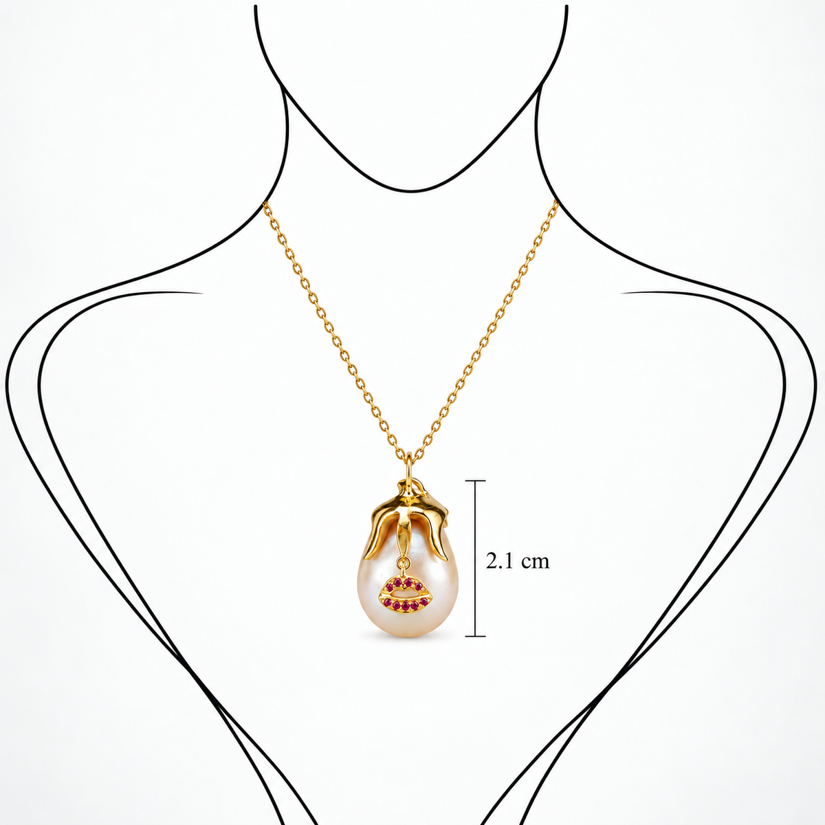 Crimson Kiss Pendant - 18K Gold with Freshwater Pearl & Pink Sapphire by Bed of Stones Jewelry, illustration showing pendant placement