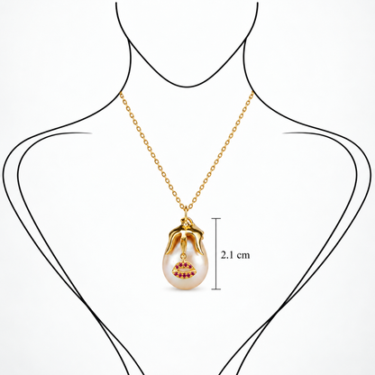 Crimson Kiss Pendant - 18K Gold with Freshwater Pearl & Pink Sapphire by Bed of Stones Jewelry, illustration showing pendant placement