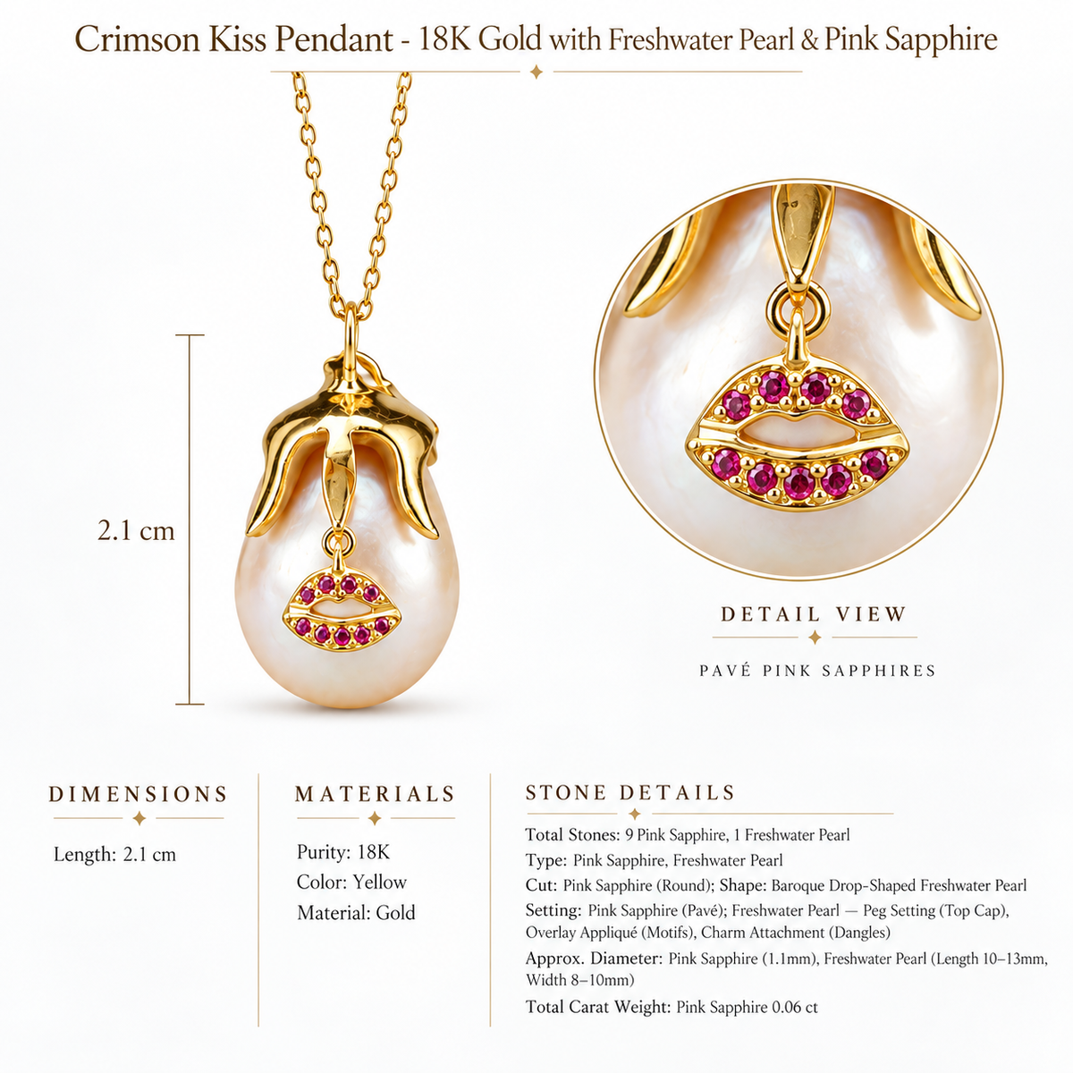 Crimson Kiss Pendant - 18K Gold with Freshwater Pearl & Pink Sapphire by Bed of Stones Jewelry, close-up of pink sapphire pavé setting on baroque freshwater pearl with product dimensions and stone details diagram