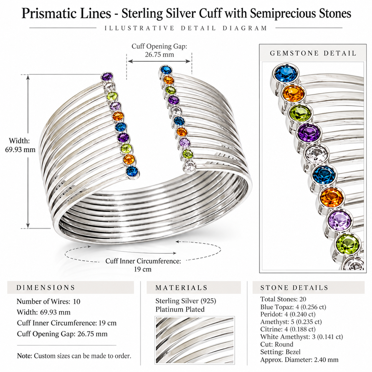 Prismatic Lines - Sterling Silver Cuff with Semiprecious Stones by Bed of Stones Jewelry, close-up of blue topaz, peridot, amethyst, citrine and white amethyst bezel setting with product dimensions and stone details diagram