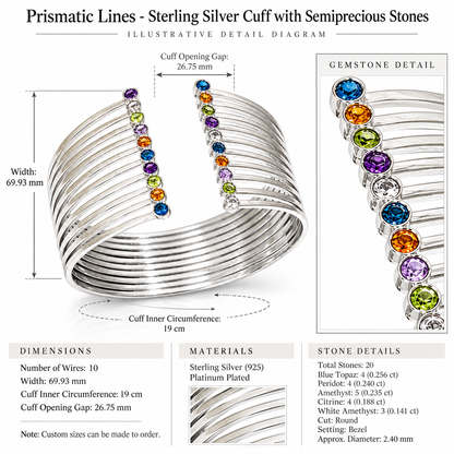 Prismatic Lines - Sterling Silver Cuff with Semiprecious Stones by Bed of Stones Jewelry, close-up of blue topaz, peridot, amethyst, citrine and white amethyst bezel setting with product dimensions and stone details diagram