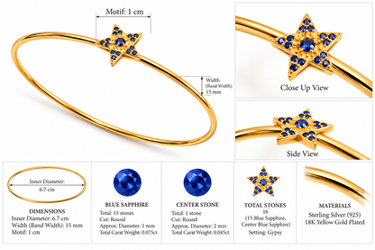 Glitter Dot - Blue - Sterling Silver (925) Bracelet with Blue Sapphire by Bed of Stones Jewelry, close-up of blue sapphire gypsy setting with product dimensions and stone details diagram