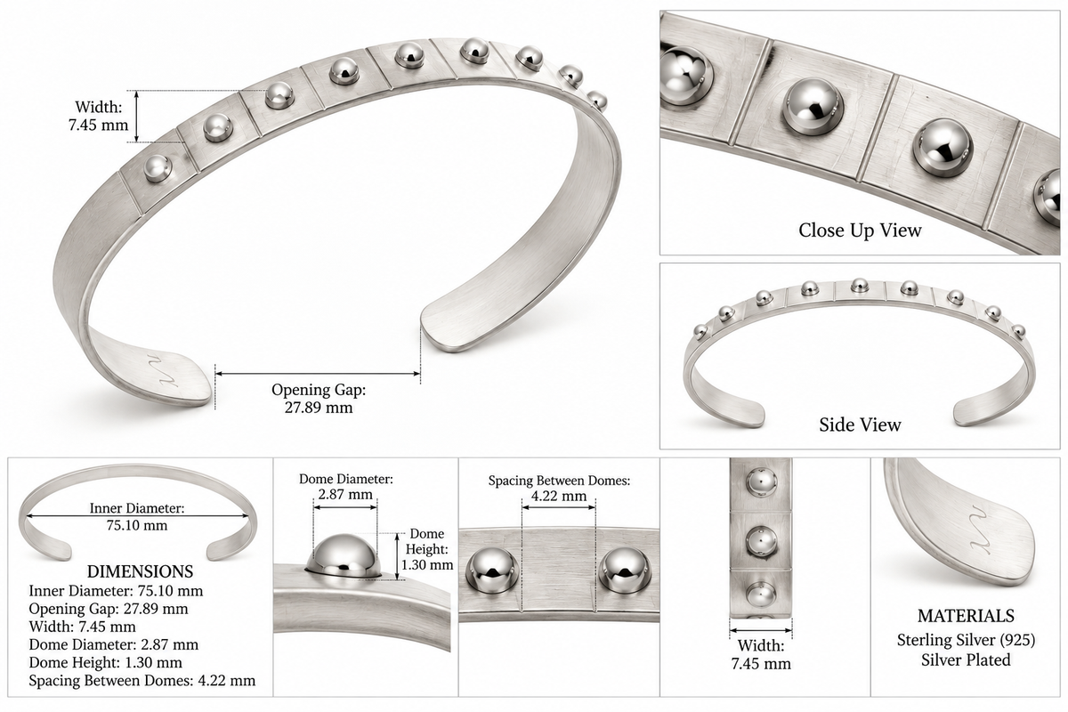Dome Cuff - Sterling Silver (925) Open Cuff Bracelet for Men by Bed of Stones Jewelry, product dimensions diagram