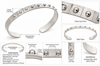 Dome Cuff - Sterling Silver (925) Open Cuff Bracelet for Men by Bed of Stones Jewelry, product dimensions diagram