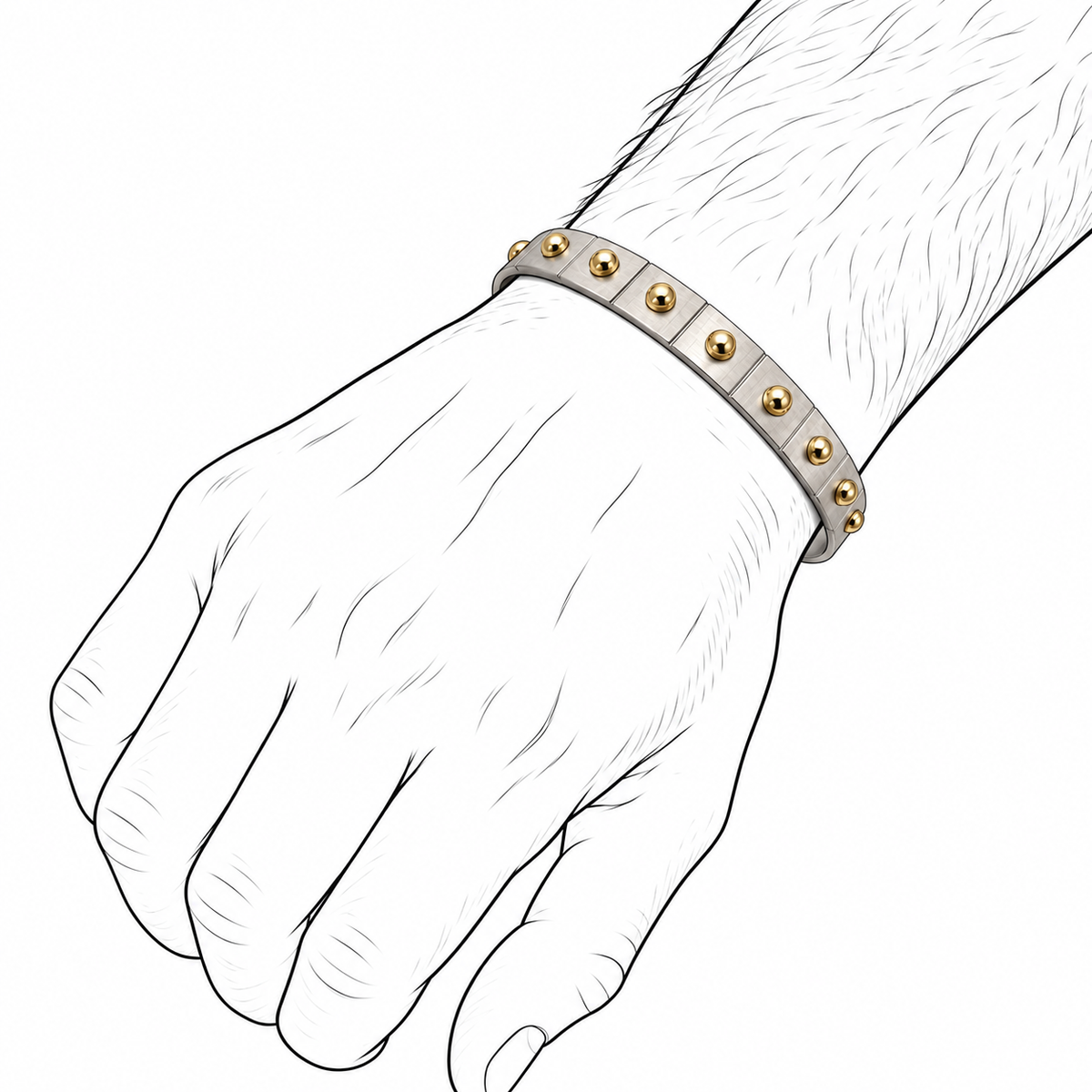 Dome Cuff - Sterling Silver (925), Gold (18K) Open Cuff Bracelet for Men by Bed of Stones Jewelry, illustration showing wrist placement