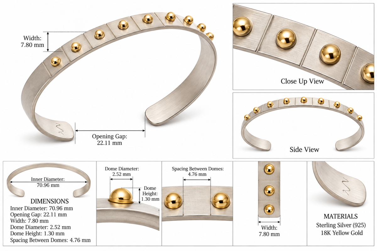 Dome Cuff - Sterling Silver (925), Gold (18K) Open Cuff Bracelet for Men by Bed of Stones Jewelry, product dimensions diagram