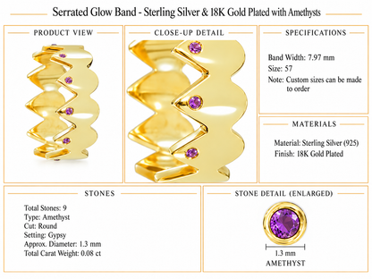 Serrated Glow Band - Sterling Silver & 18K Gold Plated with Amethysts by Bed of Stones Jewelry, product dimensions and stone details diagram