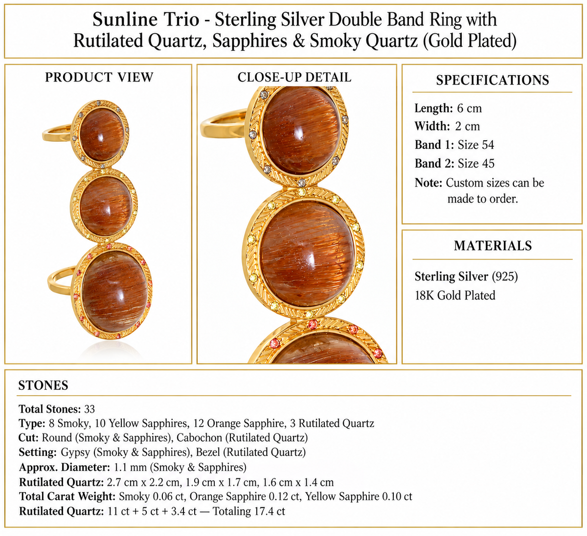 Sunline Trio - Sterling Silver Double Band Ring with Rutilated Quartz, Sapphires & Smoky Quartz (Gold Plated) by Bed of Stones Jewelry, product dimensions and stone details diagram