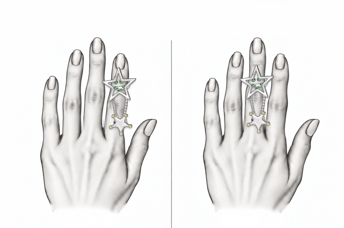 Starfall Duo - Sterling Silver (925) Ring with Tsavorite & Yellow Sapphires by Bed of Stones Jewelry, illustration showing ring placement