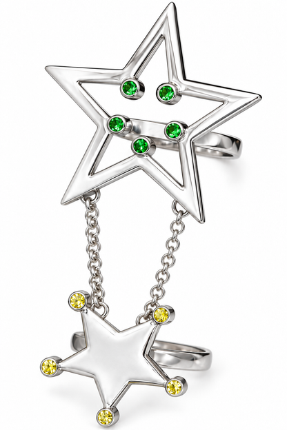 Close-up of round-cut tsavorite and yellow sapphire bezel setting on Starfall Duo Sterling Silver (925) Ring by Bed of Stones Jewelry