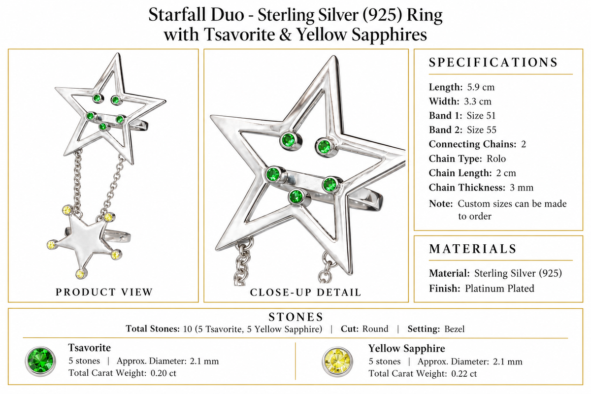 Starfall Duo - Sterling Silver (925) Ring with Tsavorite & Yellow Sapphires by Bed of Stones Jewelry, product dimensions and stone details diagram