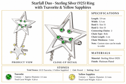 Starfall Duo - Sterling Silver (925) Ring with Tsavorite & Yellow Sapphires by Bed of Stones Jewelry, product dimensions and stone details diagram