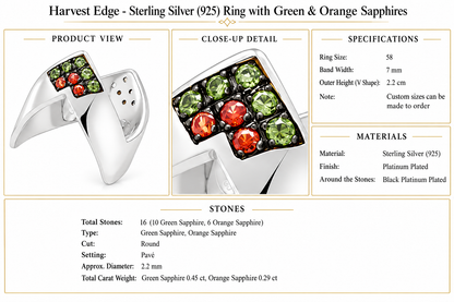 Harvest Edge - Sterling Silver (925) Ring with Green & Orange Sapphires by Bed of Stones Jewelry, product dimensions and stone details diagram