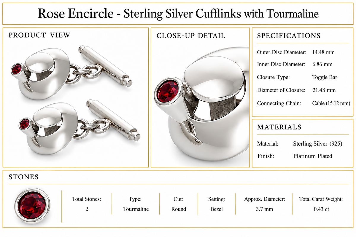 Rose Encircle - Sterling Silver Cufflinks with Tourmaline by Bed of Stones Jewelry, product dimensions and stone details diagram