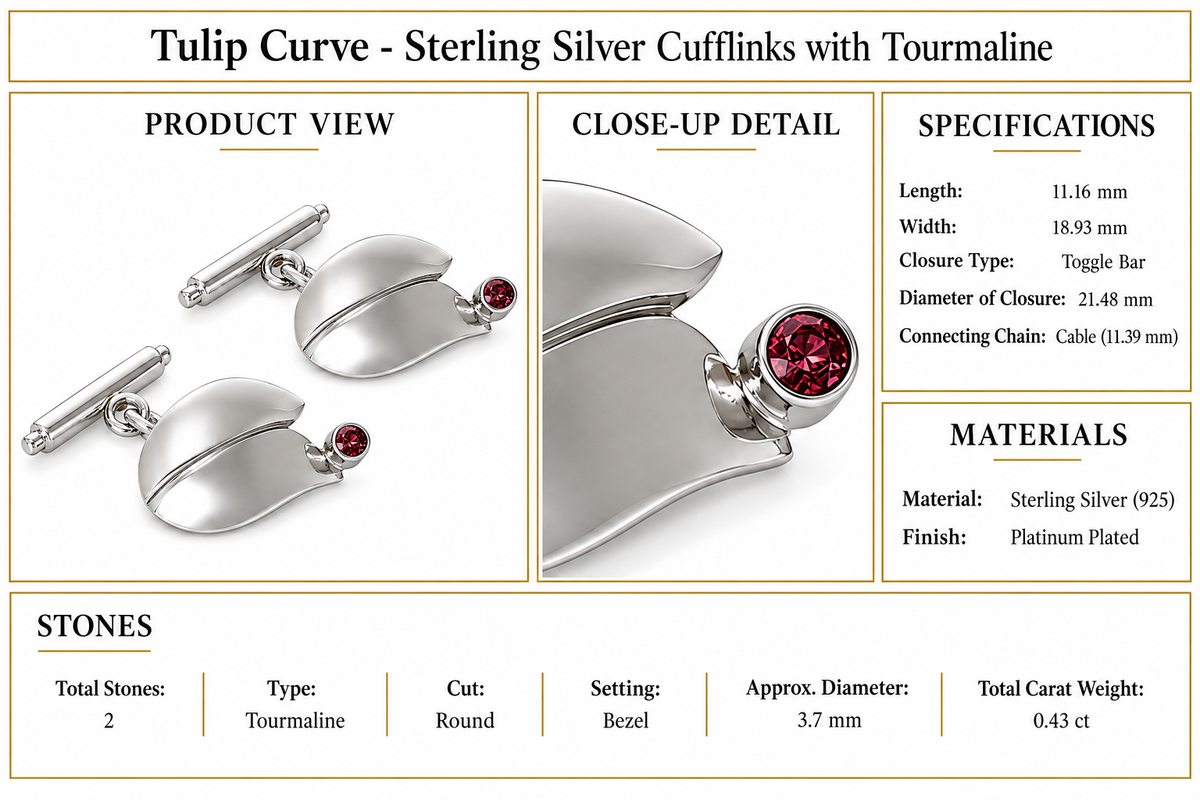 Tulip Curve - Sterling Silver Cufflinks with Tourmaline by Bed of Stones Jewelry, product dimensions and stone details diagram