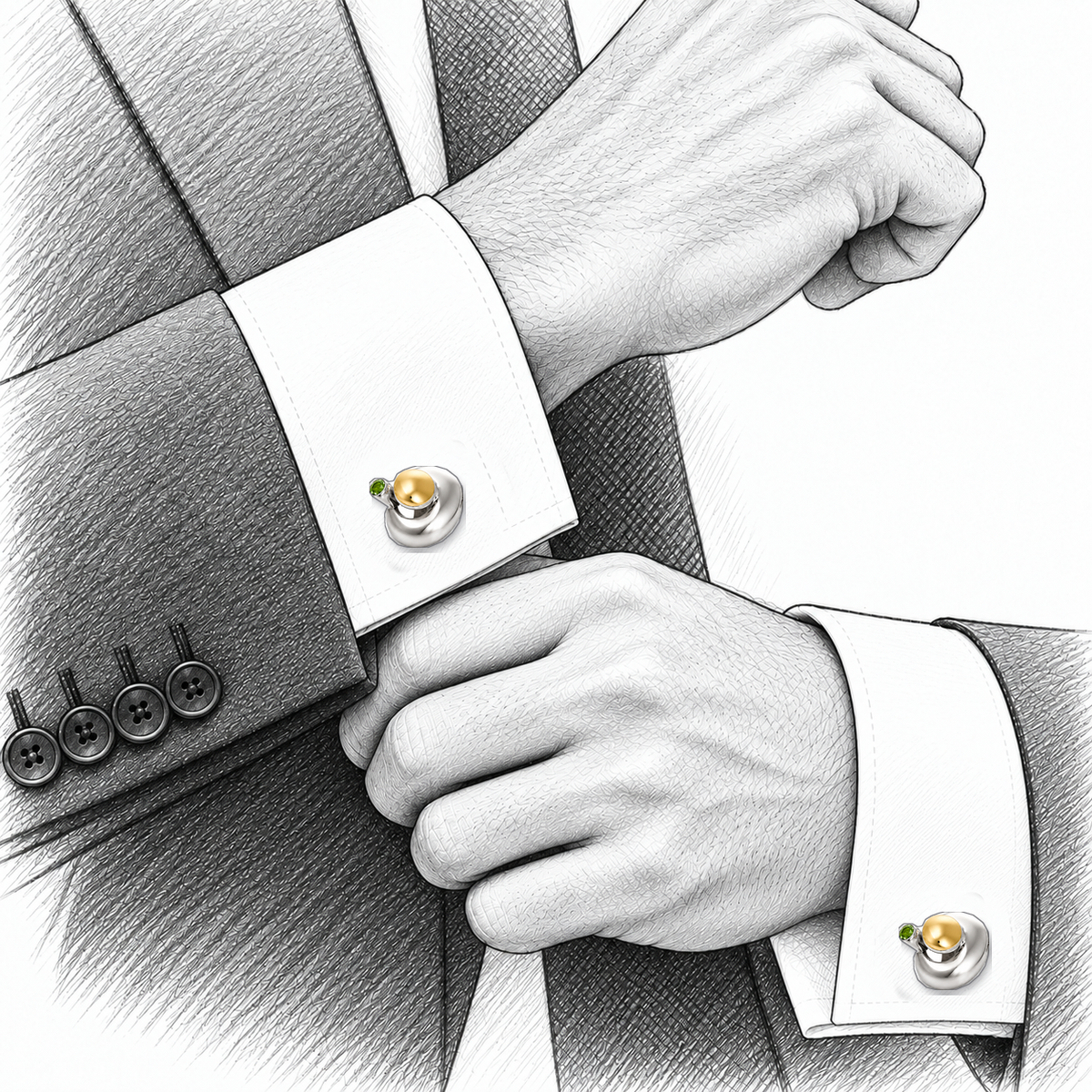 Verdigris Echo - Sterling Silver & 18K Gold Cufflinks with Peridot by Bed of Stones Jewelry, illustration showing cufflink placement
