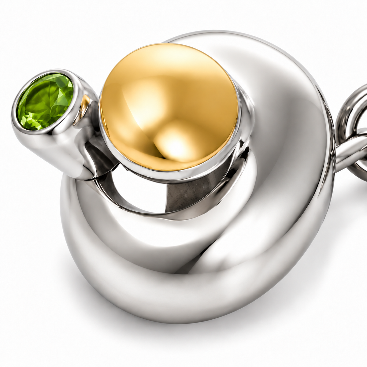 Close-up of round-cut peridot bezel setting on Verdigris Echo Sterling Silver & 18K Gold Cufflinks by Bed of Stones Jewelry