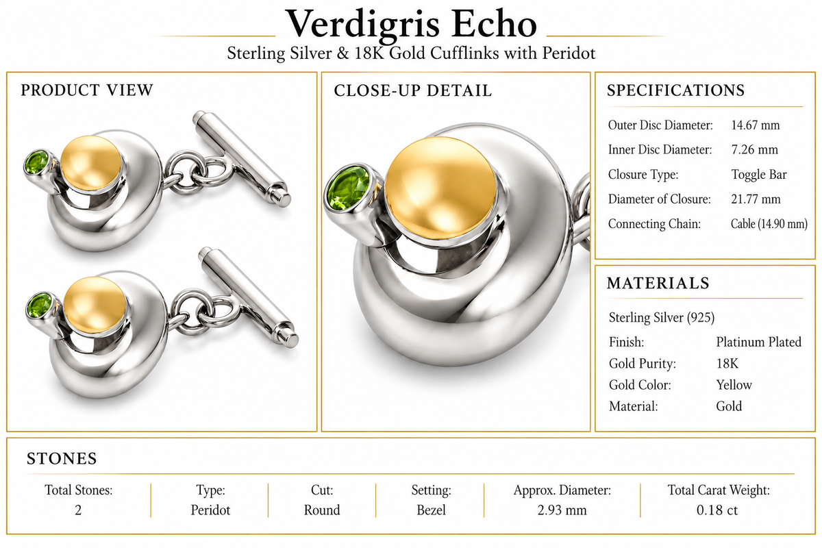 Verdigris Echo - Sterling Silver & 18K Gold Cufflinks with Peridot by Bed of Stones Jewelry, product dimensions and stone details diagram