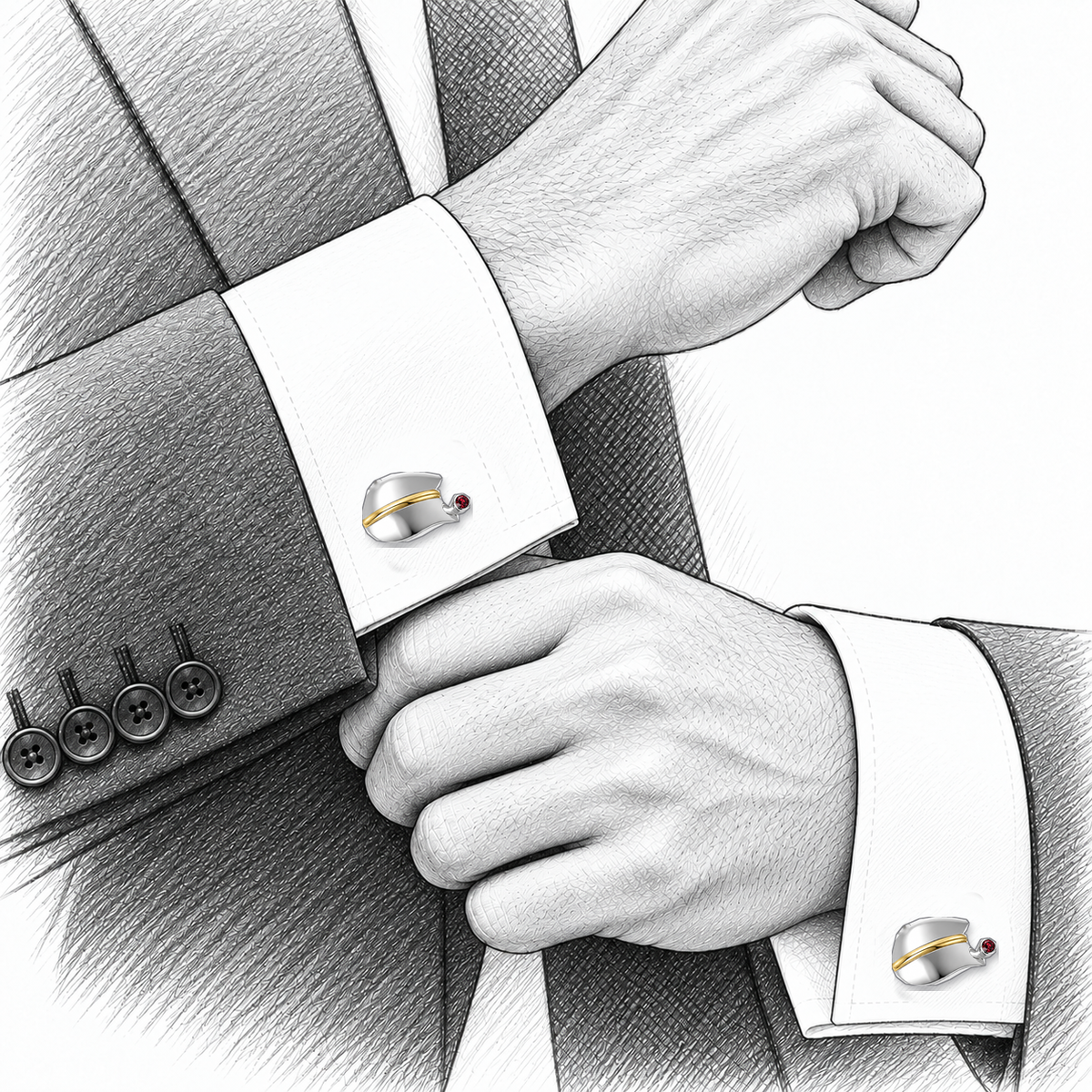 Tulip Curve - Sterling Silver & 18K Gold Cufflinks with Tourmaline by Bed of Stones Jewelry, illustration showing cufflink placement