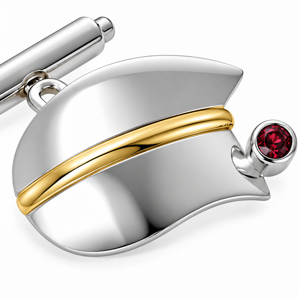 Close-up of round-cut tourmaline bezel setting on Tulip Curve Sterling Silver & 18K Gold Cufflinks by Bed of Stones Jewelry