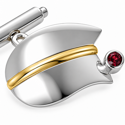 Close-up of round-cut tourmaline bezel setting on Tulip Curve Sterling Silver & 18K Gold Cufflinks by Bed of Stones Jewelry