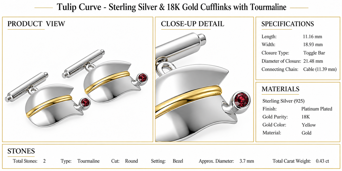 Tulip Curve - Sterling Silver & 18K Gold Cufflinks with Tourmaline by Bed of Stones Jewelry, product dimensions and stone details diagram
