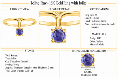 Iolite Ray - 18K Gold Ring with Iolite by Bed of Stones Jewelry, product dimensions and stone details diagram