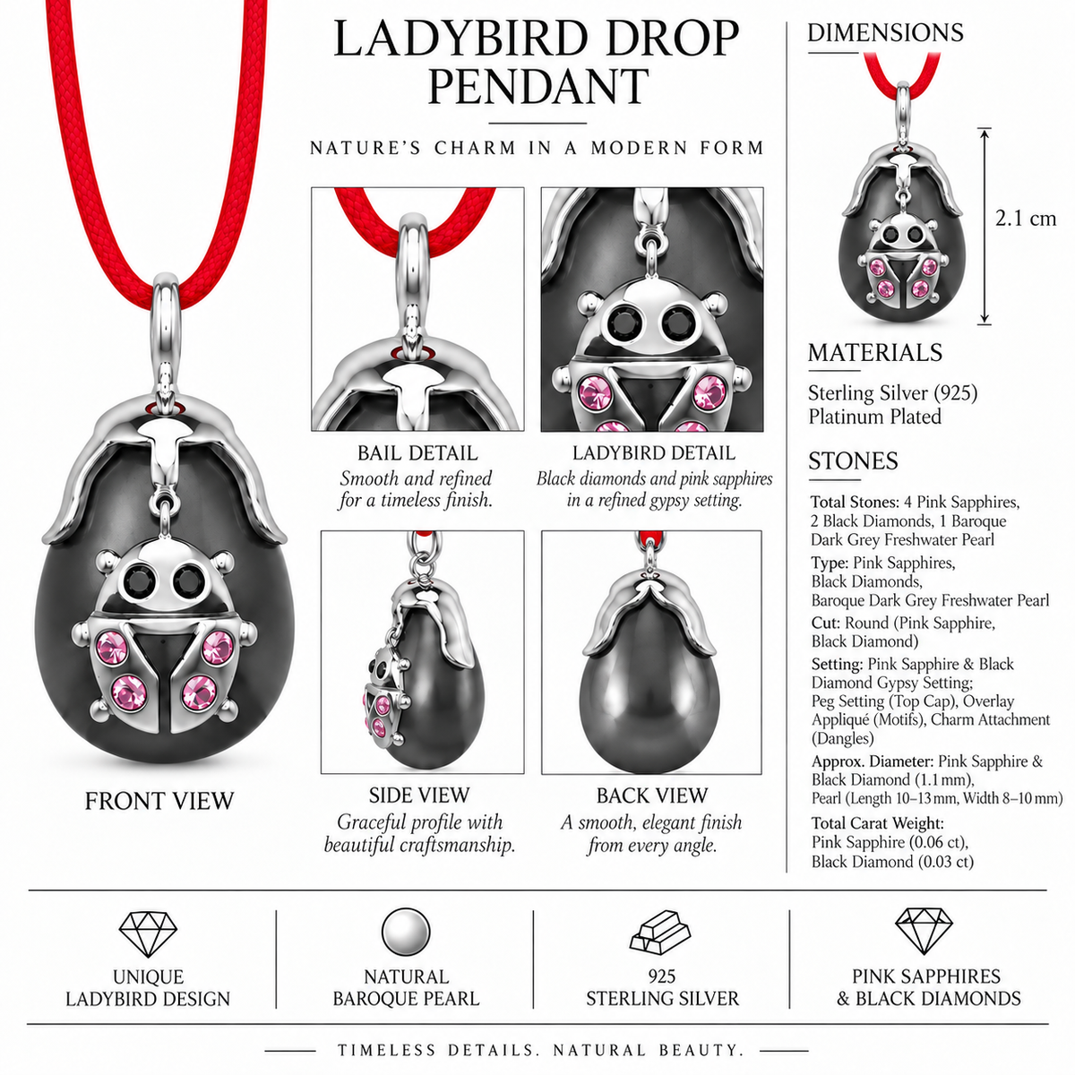 Ladybird Drop Pendant – Sterling Silver, Black Diamond & Pink Sapphire on Freshwater Pearl by Bed of Stones Jewelry, close-up of pink sapphire and black diamond gypsy setting with product dimensions and stone details diagram
