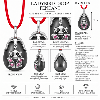 Ladybird Drop Pendant – Sterling Silver, Black Diamond & Pink Sapphire on Freshwater Pearl by Bed of Stones Jewelry, close-up of pink sapphire and black diamond gypsy setting with product dimensions and stone details diagram