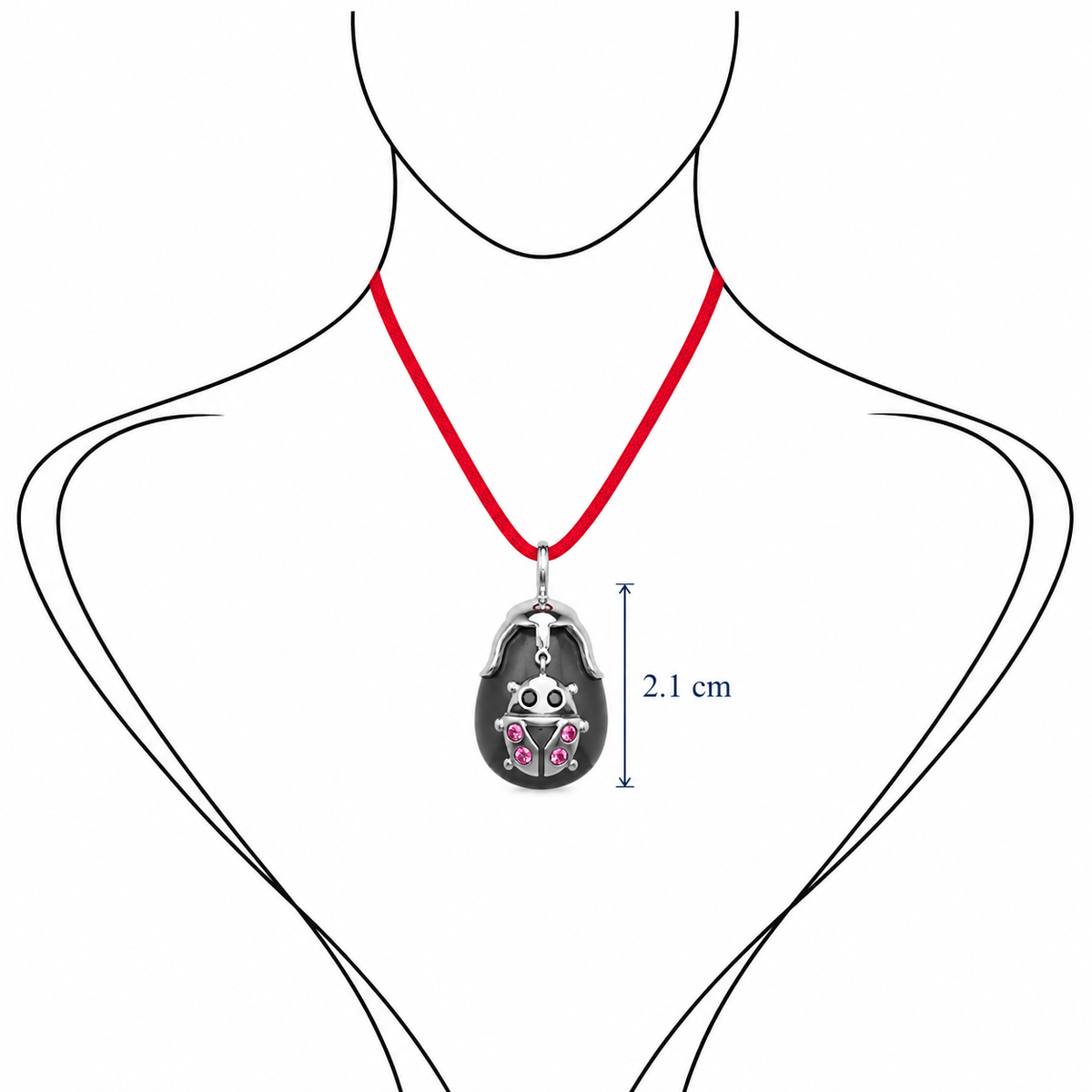 Ladybird Drop Pendant – Sterling Silver, Black Diamond & Pink Sapphire on Freshwater Pearl by Bed of Stones Jewelry, illustration showing pendant placement