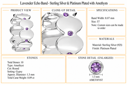 Lavender Echo Band - Sterling Silver & Platinum Plated with Amethysts by Bed of Stones Jewelry, product dimensions and stone details diagram