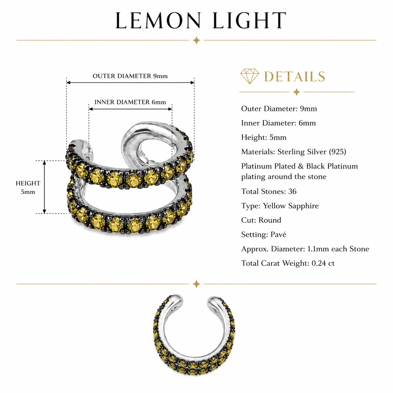 Lemon Light - Sterling Silver (925) Ear Cuff with Yellow Sapphires by Bed of Stones Jewelry, product dimensions and stone details diagram