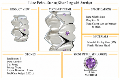 Lilac Echo - Sterling Silver Ring with Amethyst by Bed of Stones Jewelry, product dimensions and stone details diagram
