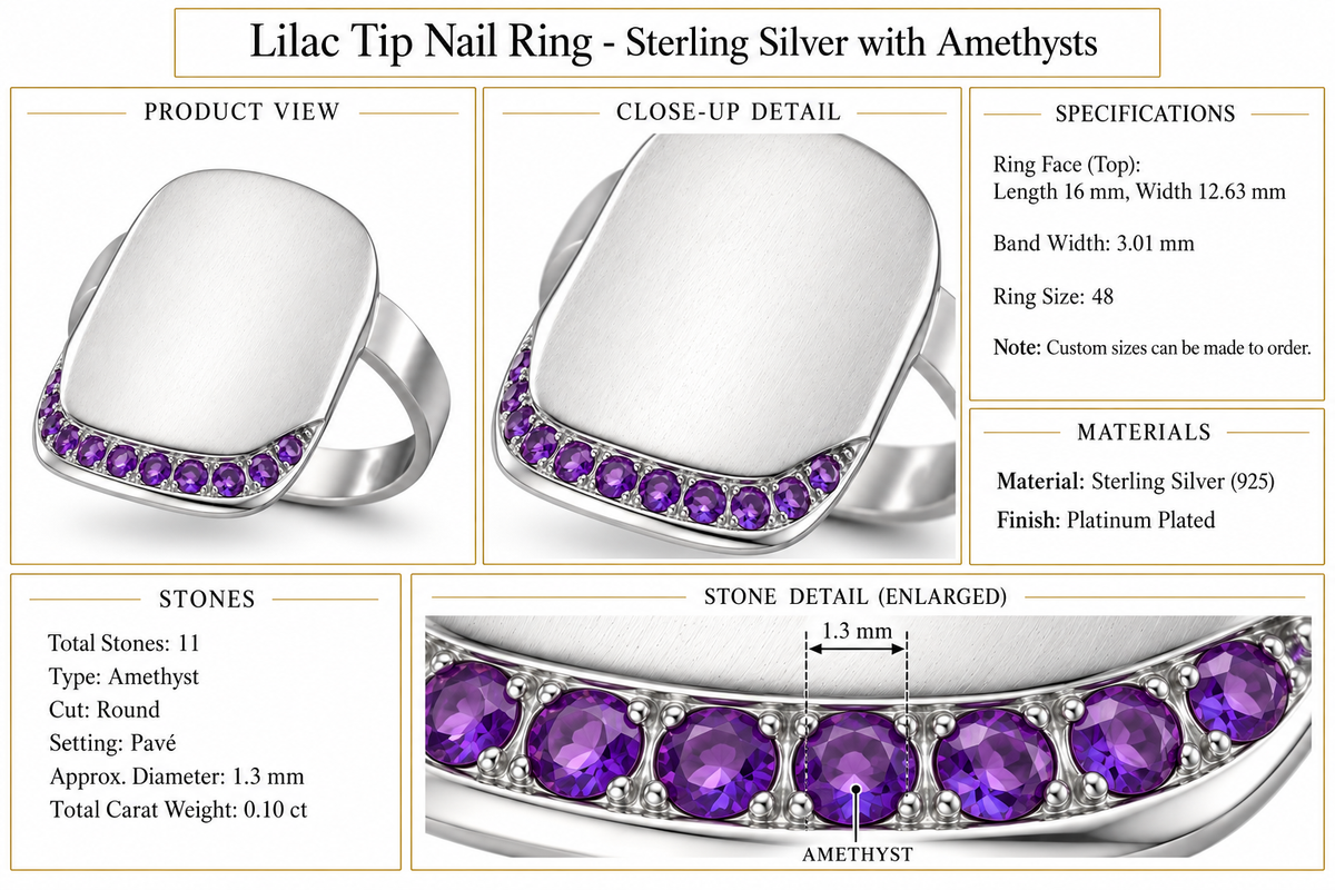 Lilac Tip Nail Ring - Sterling Silver with Amethysts by Bed of Stones Jewelry, product dimensions and stone details diagram