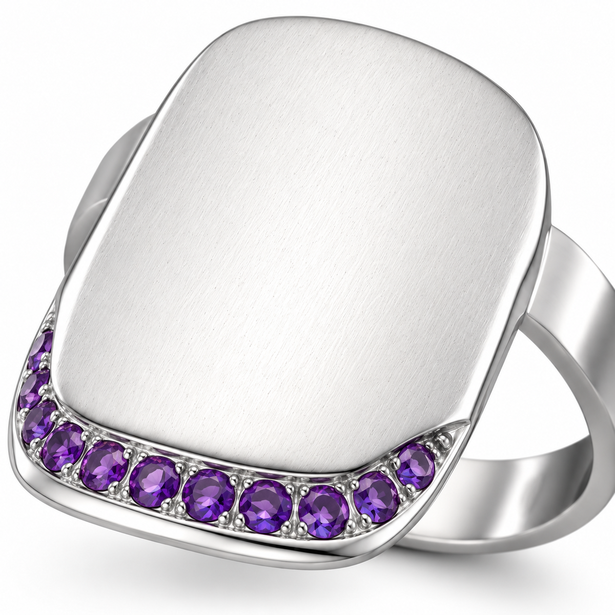 Close-up of round-cut amethyst pavé setting on Lilac Tip Nail Ring Sterling Silver by Bed of Stones Jewelry