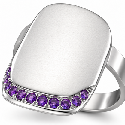 Close-up of round-cut amethyst pavé setting on Lilac Tip Nail Ring Sterling Silver by Bed of Stones Jewelry