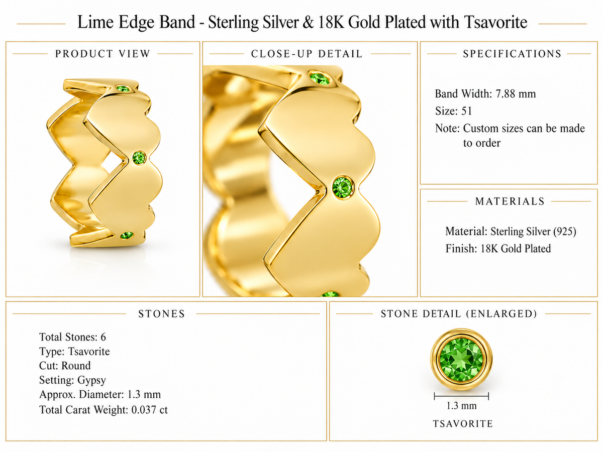 Lime Edge Band - Sterling Silver & 18K Gold Plated with Tsavorite by Bed of Stones Jewelry, product dimensions and stone details diagram