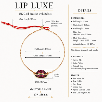 Lip Luxe - 18K Gold Bracelet with Rubies by Bed of Stones Jewelry, product dimensions and stone details diagram