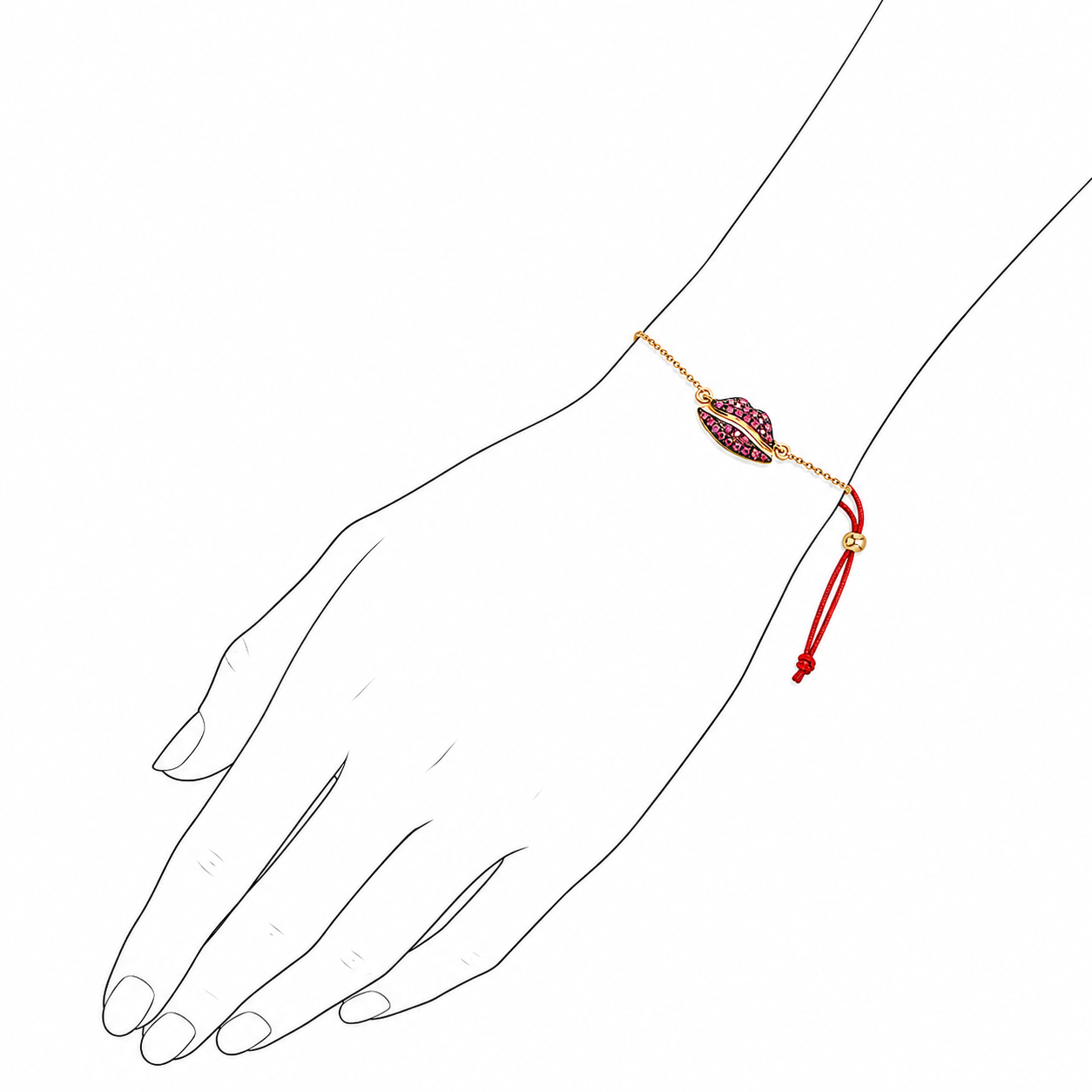 Lip Luxe 18K Gold Bracelet by Bed of Stones Jewelry, illustration showing wrist placement